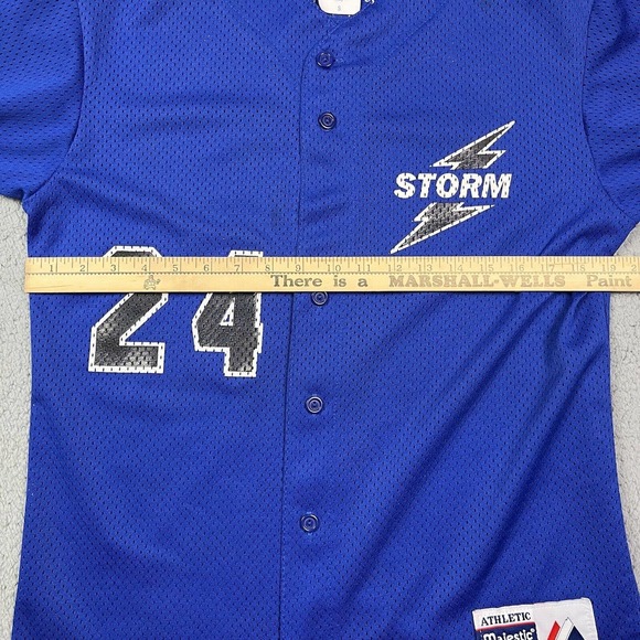 Storm‎ Bowling Uniform Baseball Button Up Jersey Blue Majestic #24 Size S - Picture 7 of 8